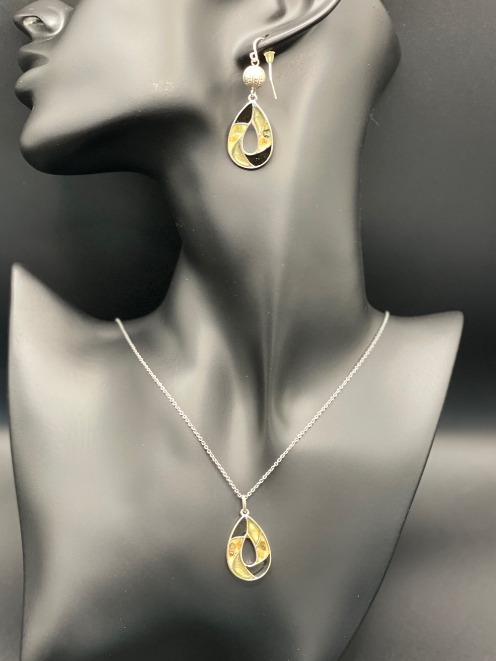 Modernist Multi-tone Teardrop Pendant Necklace and Earrings Set Vintage NOS